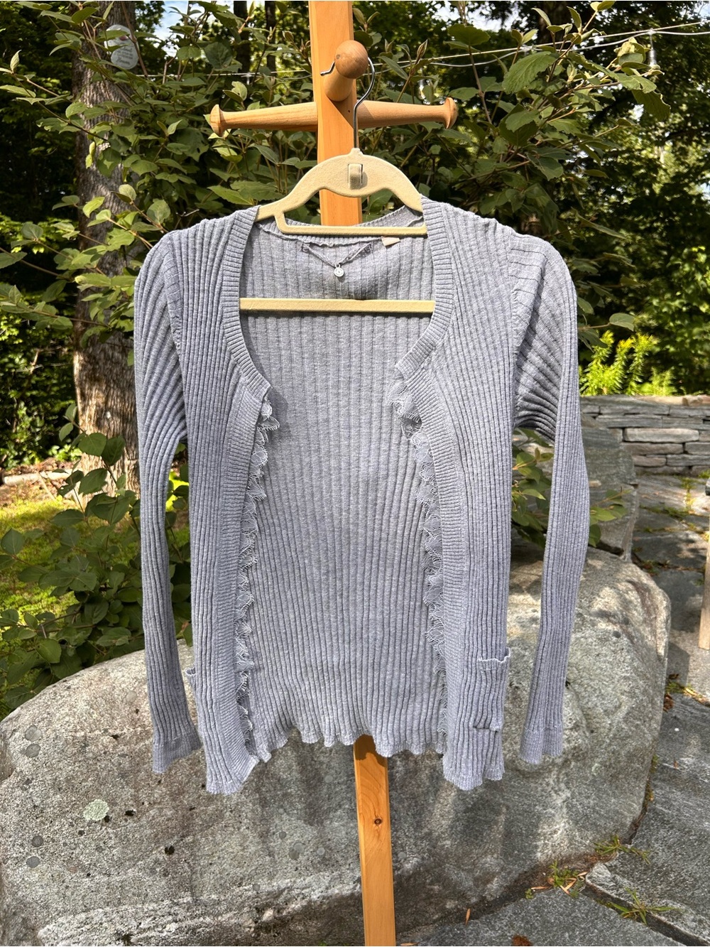 Knitted & Knotted Light Blue Open Cardigan with Lace Trim